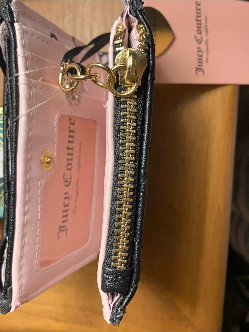 Juicy Couture Black Quilted Wallet with Gold Studs, Gold Heart Zipper Charm